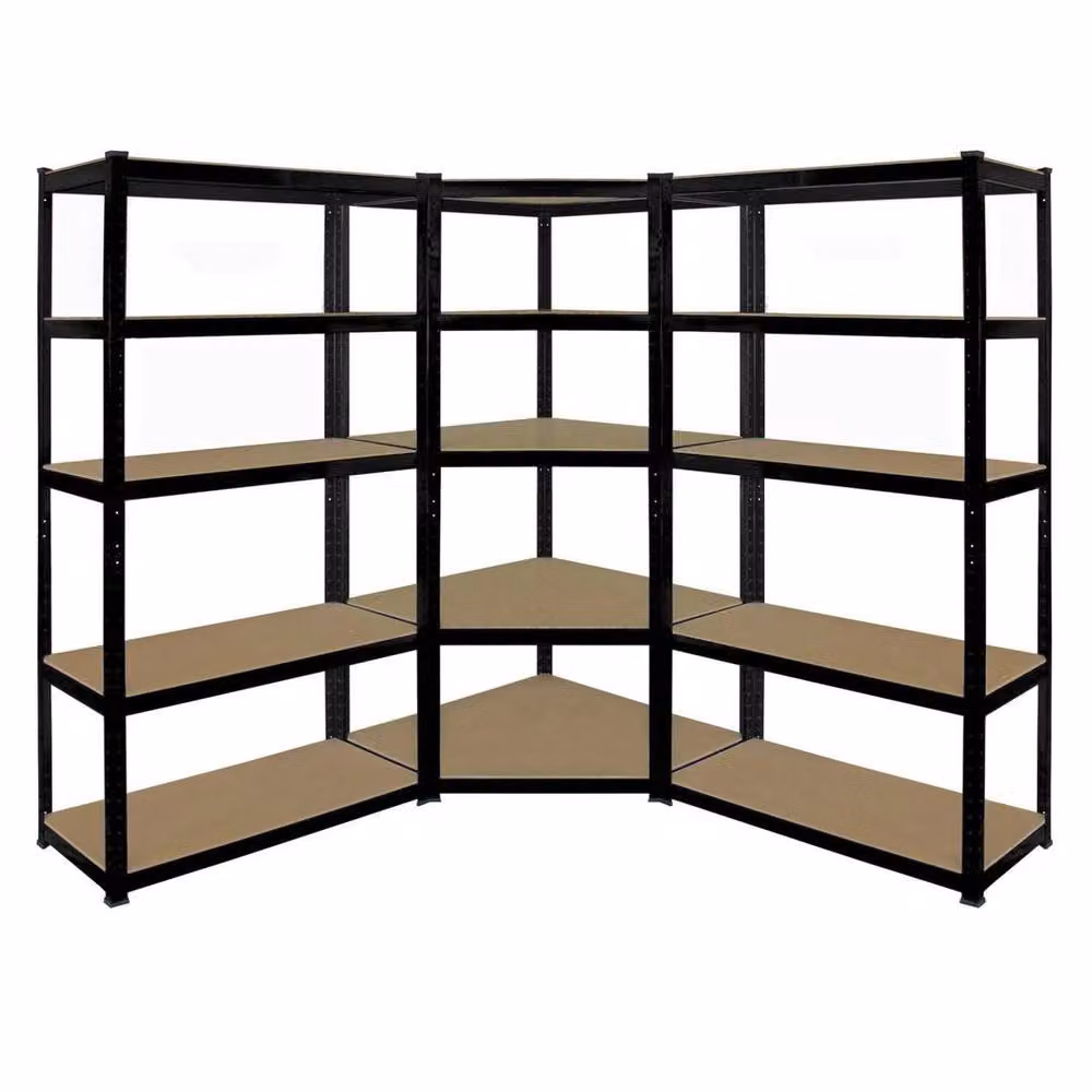 PAWNORA 5 Tier Heavy Duty Corner Shelving Rack in Black with Adjustable Metal and MDF Shelves – 3