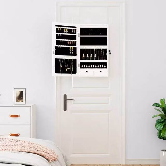 Berkfield Home Mirror Jewellery Cabinet with LED Lights, Wall Mounted, White, W: 37.5 cm, D: 10.0 cm, H: 67.0 cm – 1