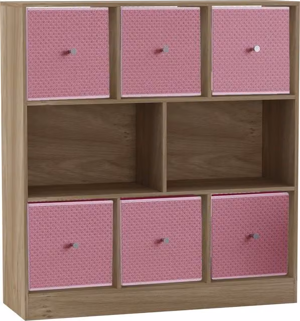 URBNLIVING 8 Oak Cube Bookcase with 6 Pastel Pink Fabric Storage Drawer Inserts