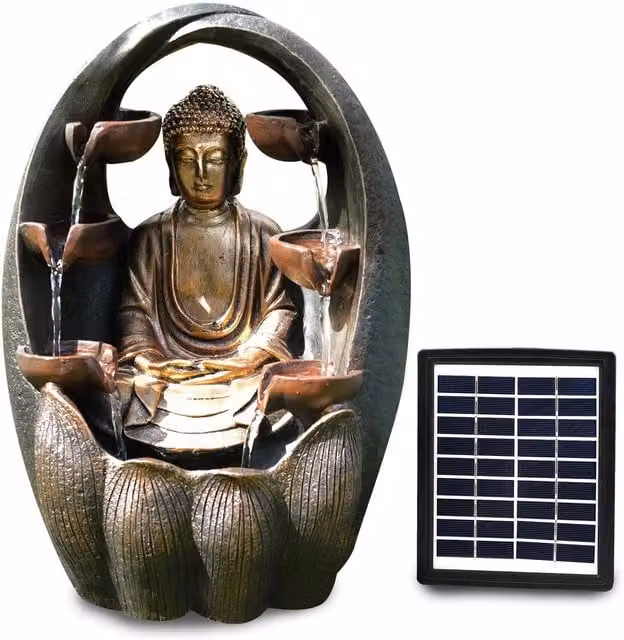 GEEZY Solar Buddha Tabletop Water Fountain with LED Lights, Brown and Gold Polyresin