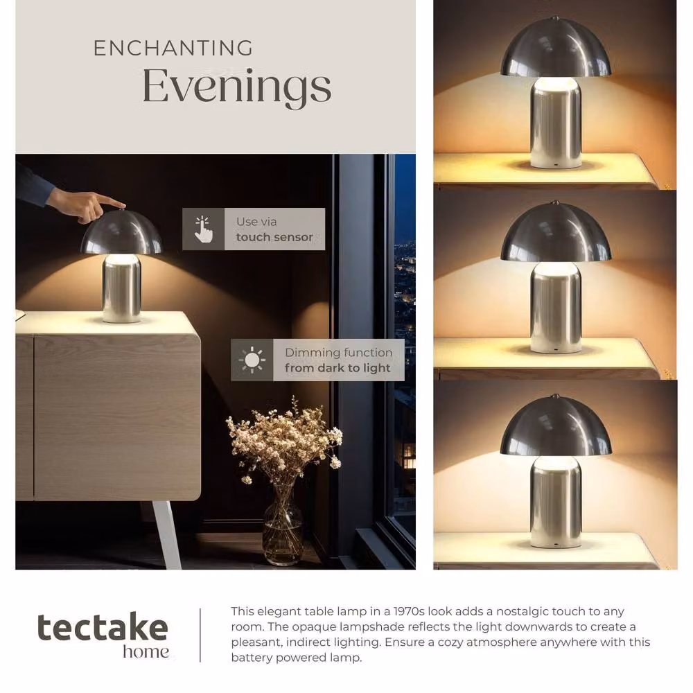 tectake Kade Retro Table Lamp in Silver with Dimmable LED and Rechargeable Battery, H 34 cm x W 25 cm x D 25 cm – 3
