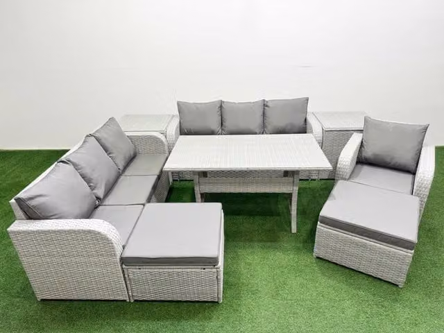Fimous 9 Seater Poly Rattan Outdoor Garden Furniture Set in Grey with Rectangular Dining Table and Reclining Chairs