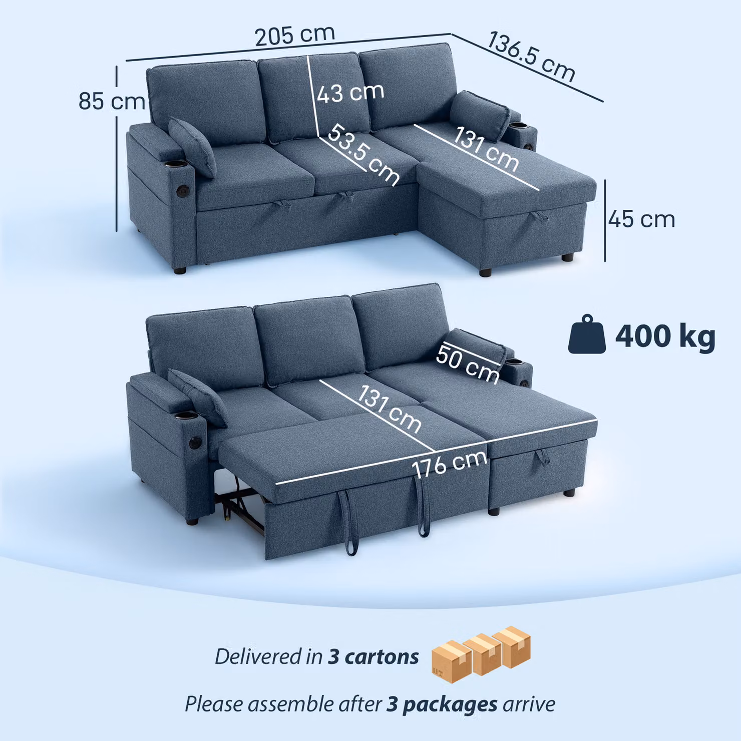 HOMCOM L-Shaped Corner Sofa Bed in Blue with Reversible Storage Chaise, USB Charging and Cup Holders – 3