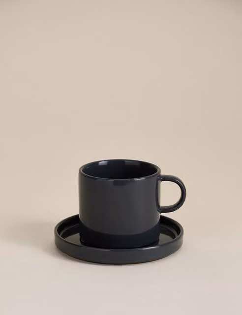 M&S Grey Stoneware Straight Sided Coffee Cup and Saucer Set