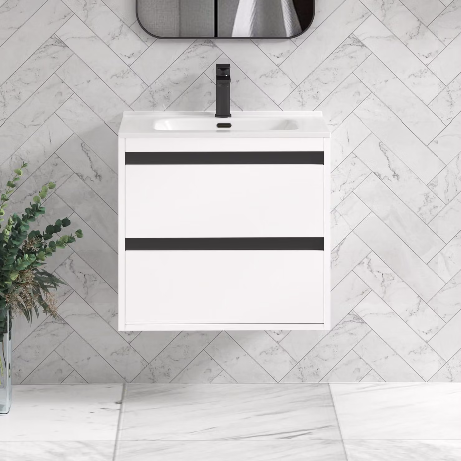 Royal Bathrooms Orion 600mm Matt White Wall Mounted 2 Drawer Vanity Unit with Ceramic Basin and Black Accent Trim
