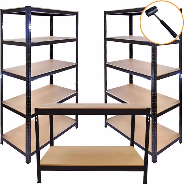 T-Rax Black Metal Racking Units and Workbench Set, Black, W/D/H: 90 x 45 x 180 cm (3 Units)