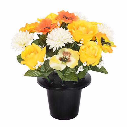Everyday Floral Artificial Yellow Rose and Chrysanthemum Memorial Graveside Flower Bowl with 16 Flowers