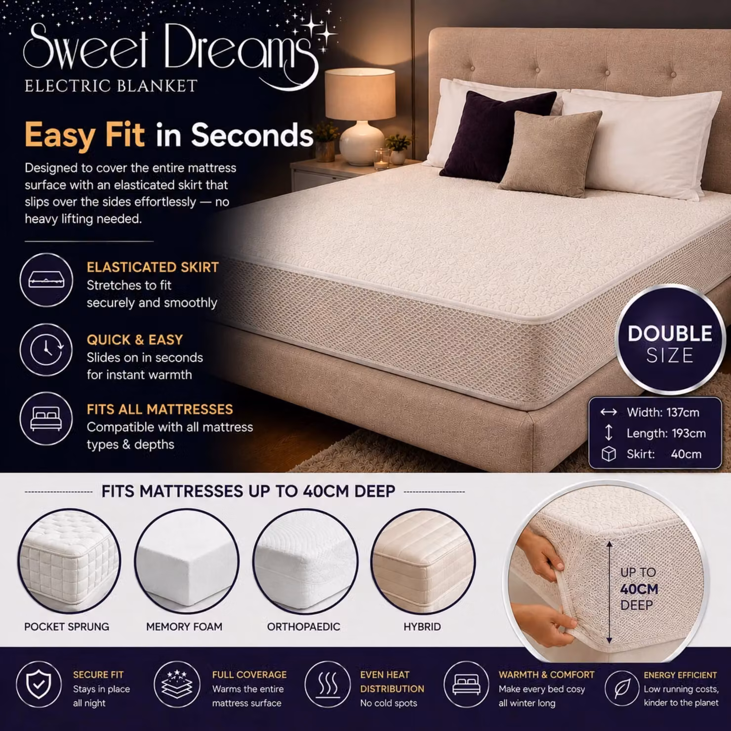 Sweet Dreams White Fleece Heated Double Bed Fitted Mattress Cover, W/D/H: 140 x 200 cm – 3
