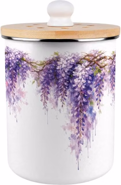 Purely Home Purple Wisteria Metal Food Waste Caddy with Bamboo Lid, 2L