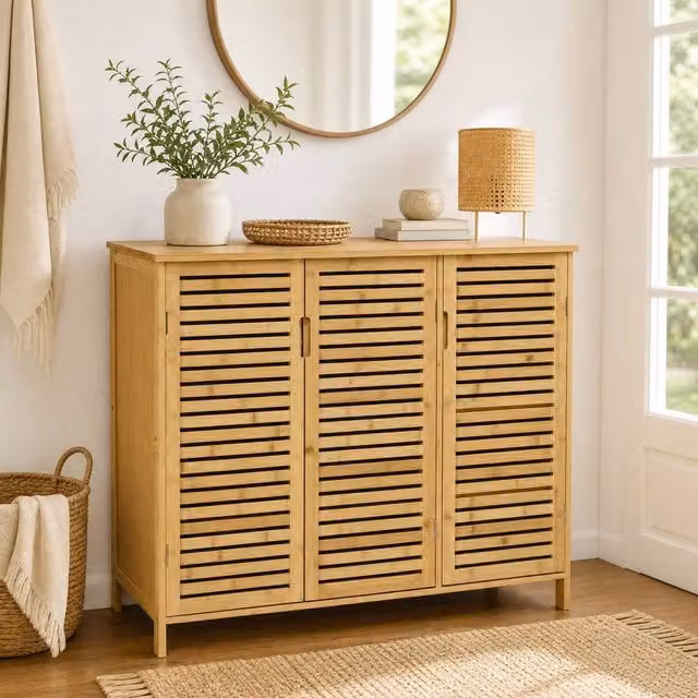 STILVORA Scandinavian Style Shoe Cabinet with 4-Tier Storage and Louvre Doors in Sand/Beige – 1