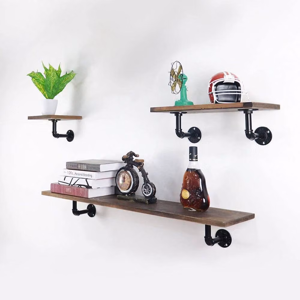 VOGREX 8-Piece Industrial Pipe Floating Shelf Brackets in Matt Black – 3