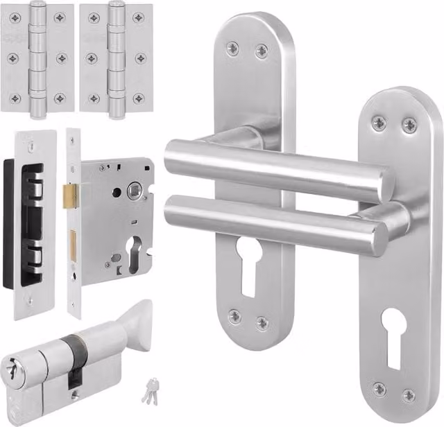 AFIT Satin Nickel T-Bar Door Handle Set with Euro Lock Thumbturn Cylinder and Hinges in Silver