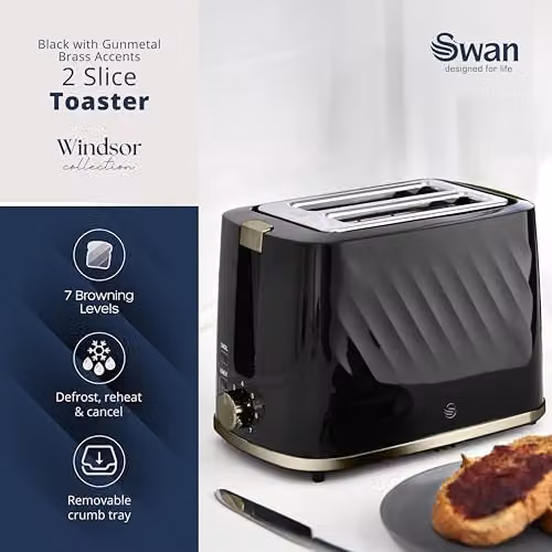 Swan Windsor 2 Slice Toaster in Black with Gunmetal Brass Trim, 900W, ST14071GBLK – 8