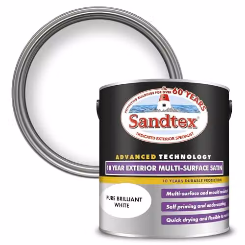 Sandtex 10 Year Multi Surface Satin Paint, Brilliant White, 2.5l