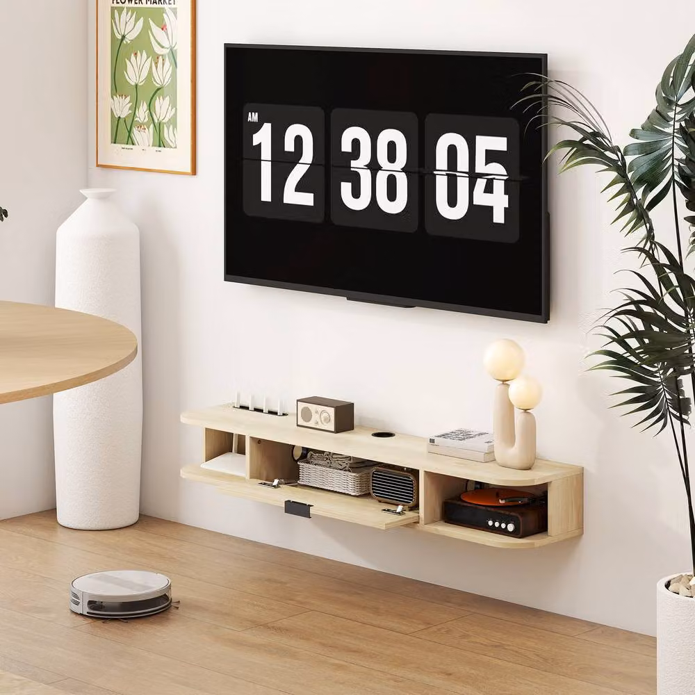 STILVORA Modern Wall Mounted TV Unit with Flip Drawer in Natural Wood Finish, Width: 120 cm – 2