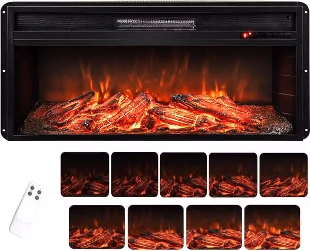 Gymax Black Recessed Electric Fireplace with 1800W Heating and 9-Level Flame Control, Width: 86 cm