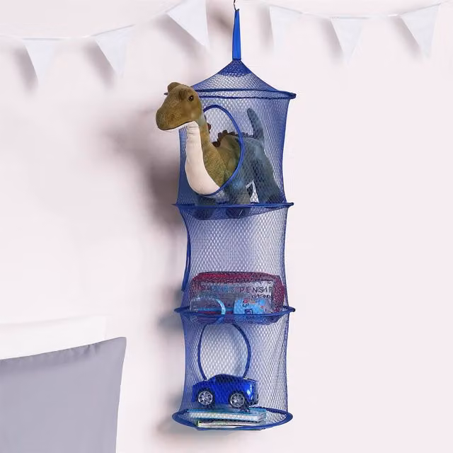 OHS 3 Tier Hanging Mesh Toy Storage Net for Children in Blue