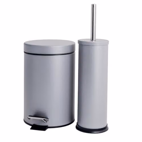 Harbour Housewares 3L Bathroom Bin and Toilet Brush Set in Grey, Stainless Steel and Plastic