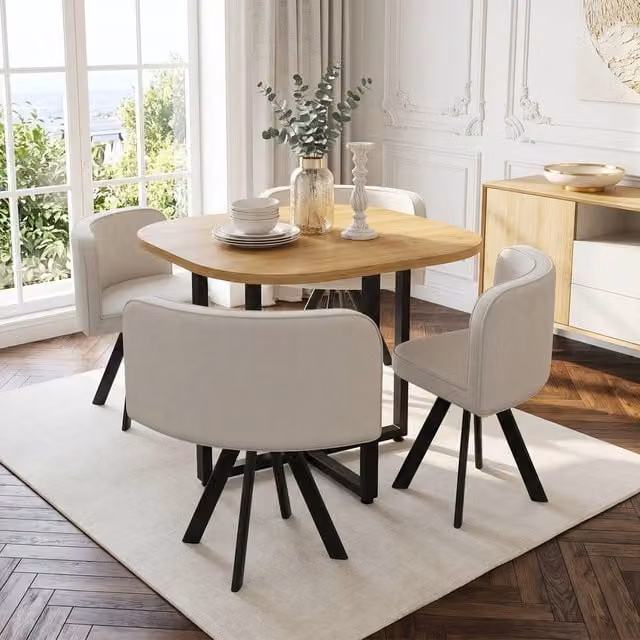 Rolipo Square Modern Kitchen Dining Table Set with 4 Chairs in Oak and Beige – 1
