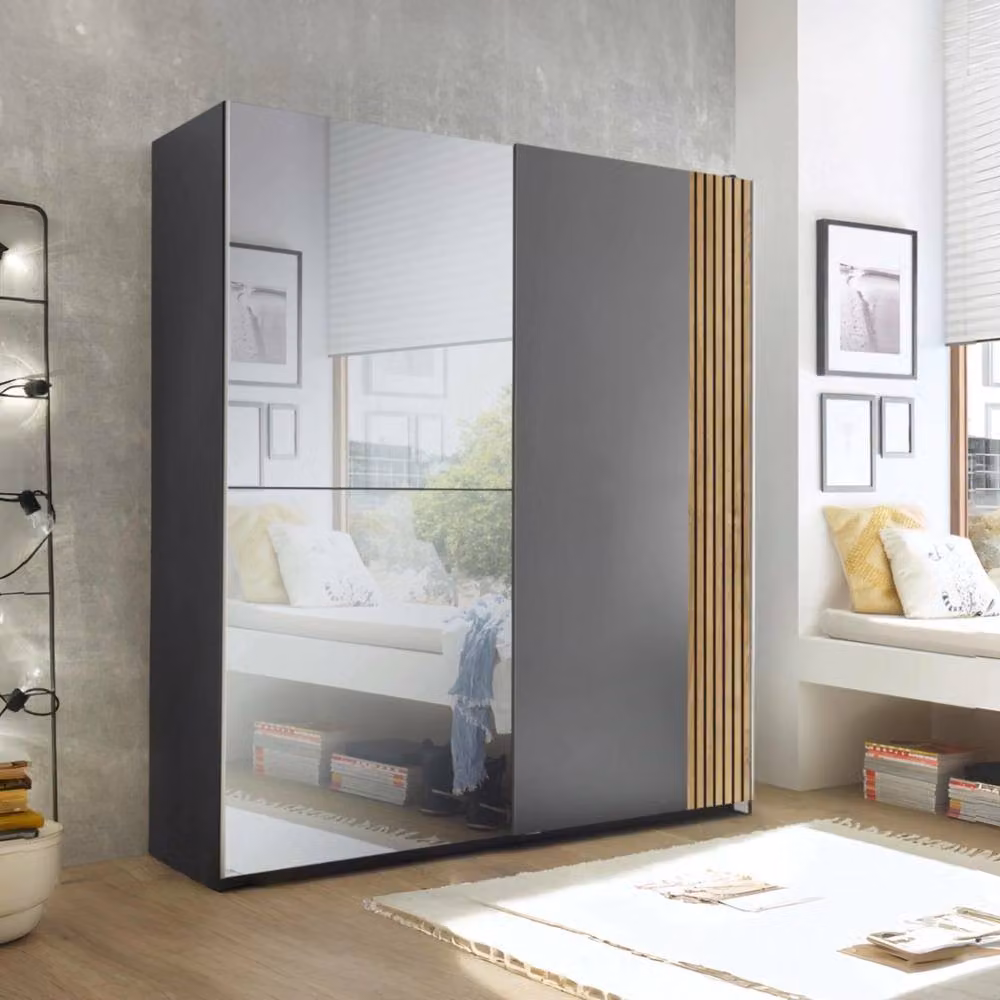 Cheshire Premium Nova 2 Door Sliding Mirrored Wardrobe in Light Oak and Dark Grey, H 196 cm x W 170 cm – 2