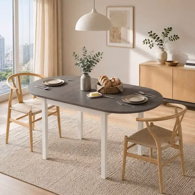 STILVORA Grey Pine Wood 4-6 Seater Drop Leaf Oval Dining Table – 1