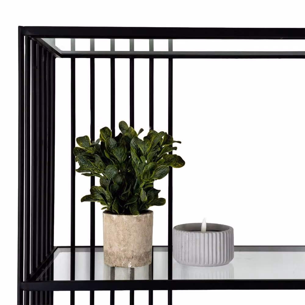 Wyld Haus Memphis Minimalist Black Metal Slim Shelving Unit with Glass Shelves, W/D/H: 80 x 27 x 179 cm – 3