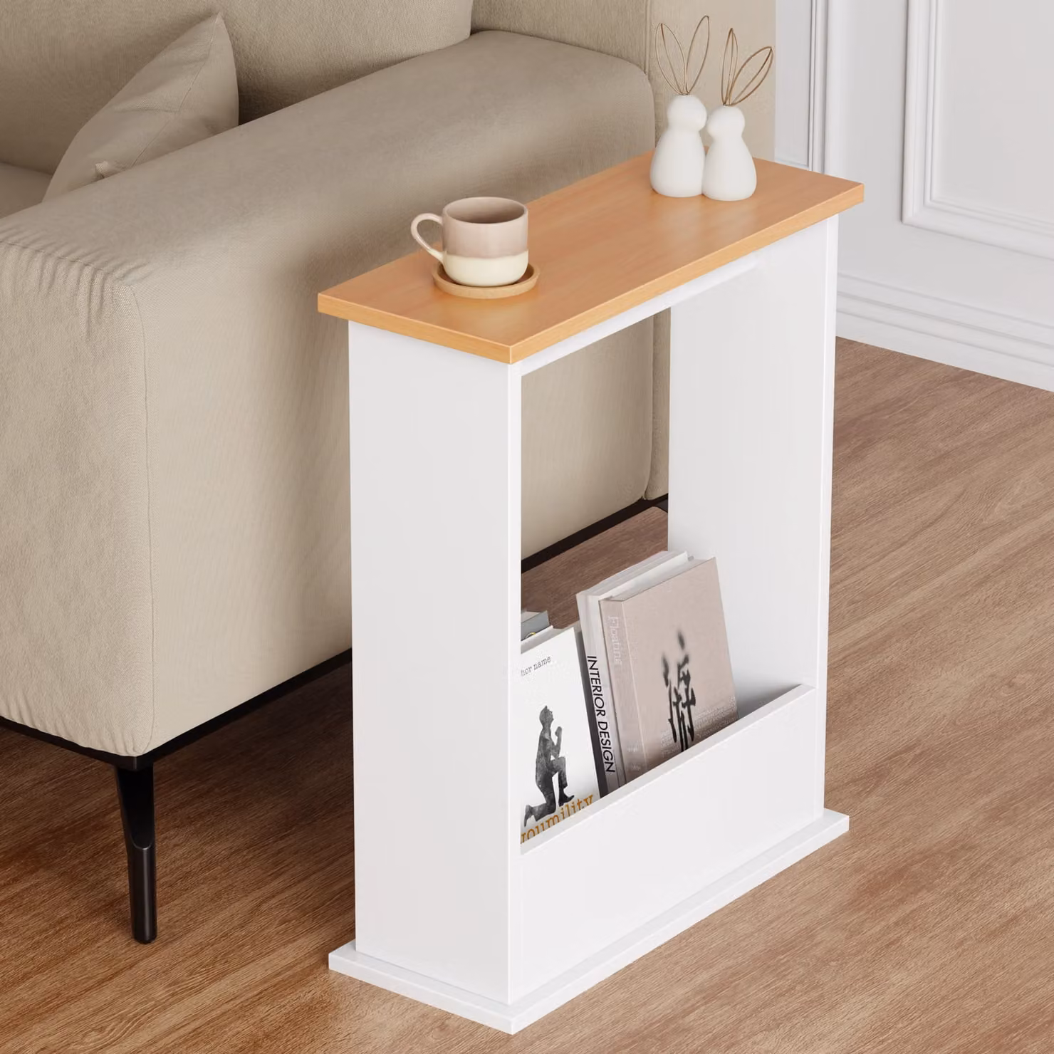 Small Narrow Side Table with Storage in White and Wood Finish