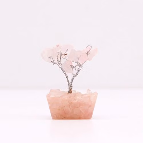 Thunder Tribes KDMD Mini Rose Quartz Crystal Energy Tree with Orgonite and Wood Base in Pink