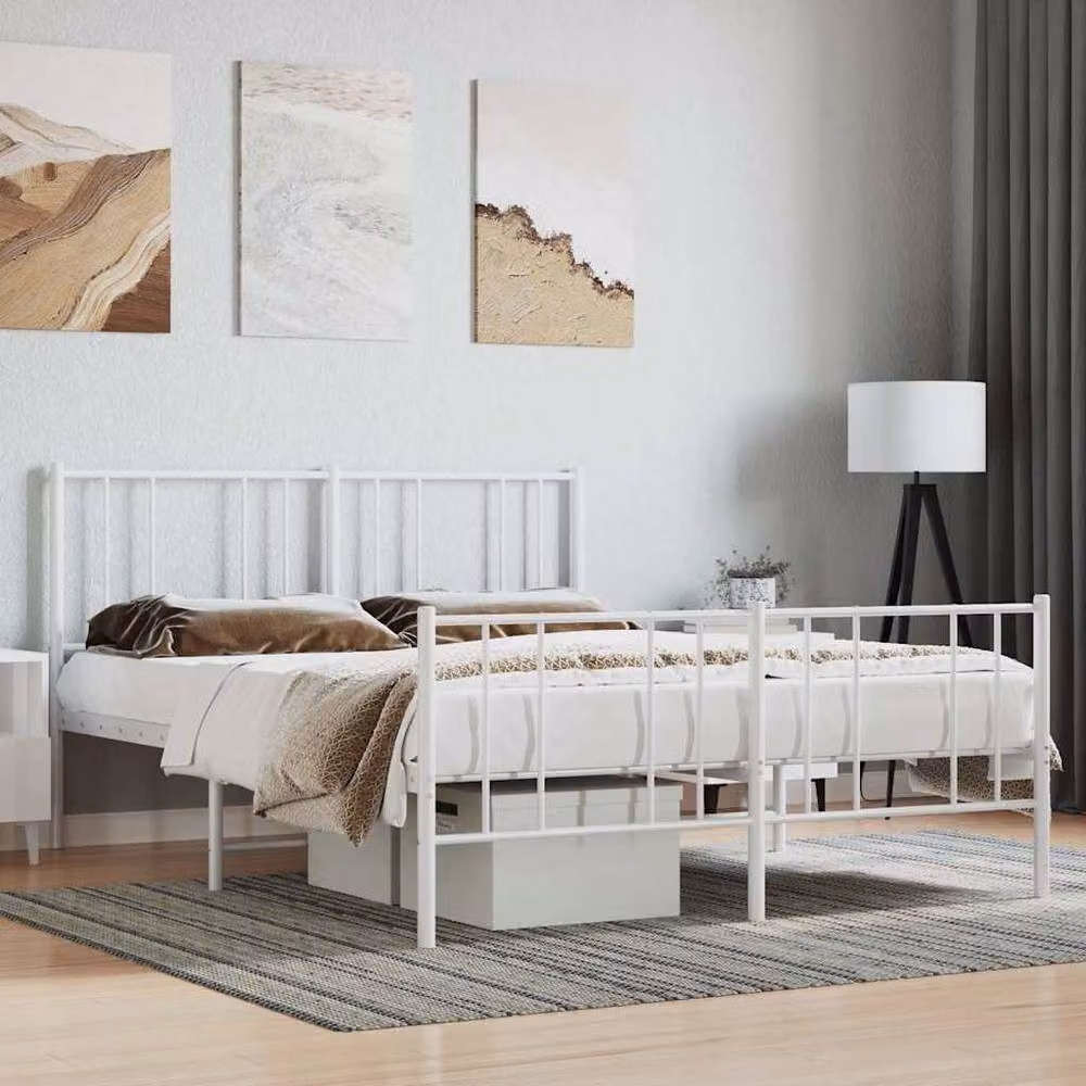 Berkfield Home Metal Bed Frame with Headboard and Footboard in White, W/D/H: 140 x 190 cm – 2
