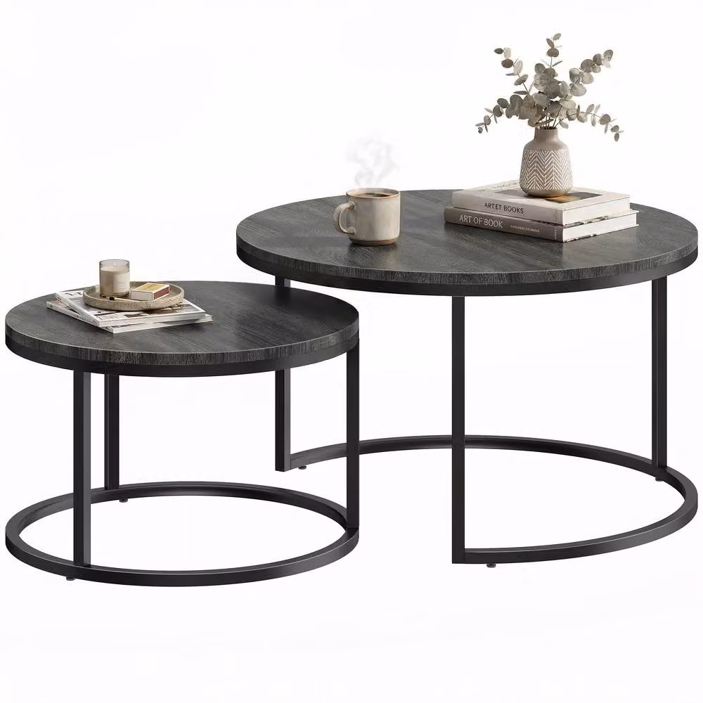HOMCOM 2 Piece Nesting Coffee Table Set with Black Wood Grain MDF Tops and Steel Frame – 2