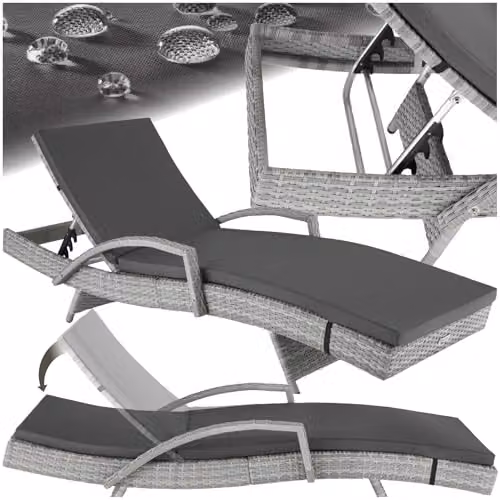 tectake Rattan Sun Lounger with 5-Position Adjustable Backrest and Soft Cushion in Light Grey