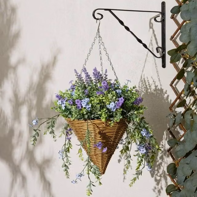 Garden Greatness Artificial Lavender Flower Cone Hanging Basket in Purple and Gold