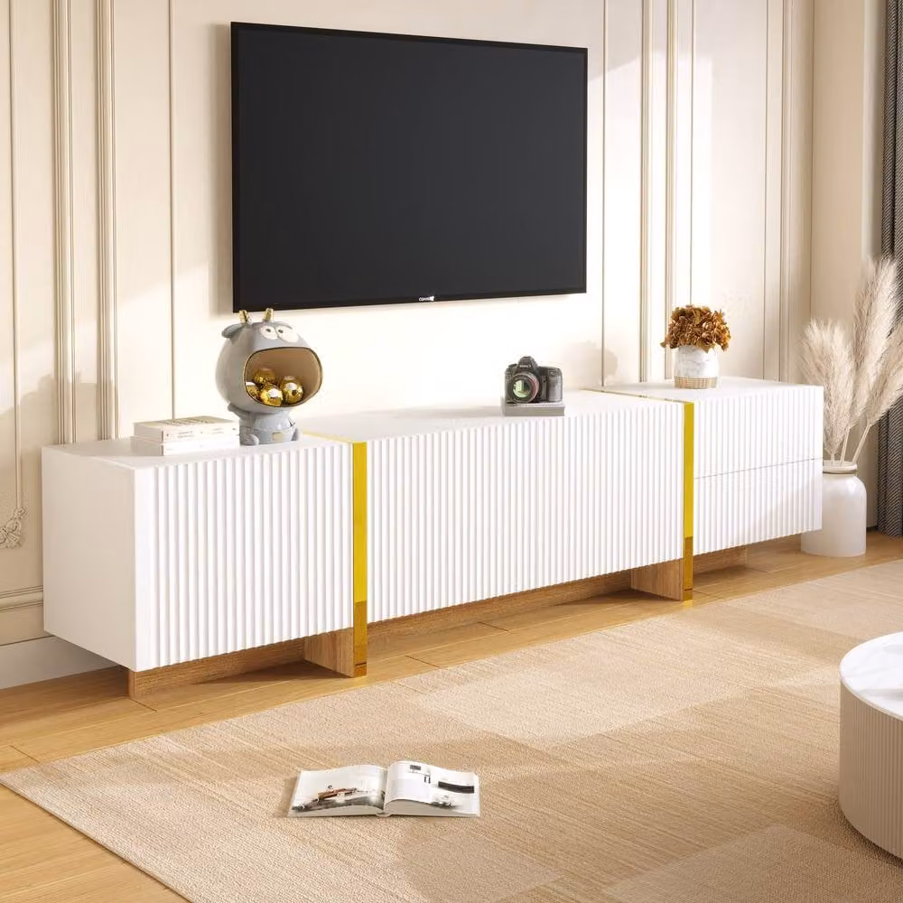 Matteo Modern White and Gold Wood Grain TV Cabinet with 3 Doors and 2 Drawers – 2