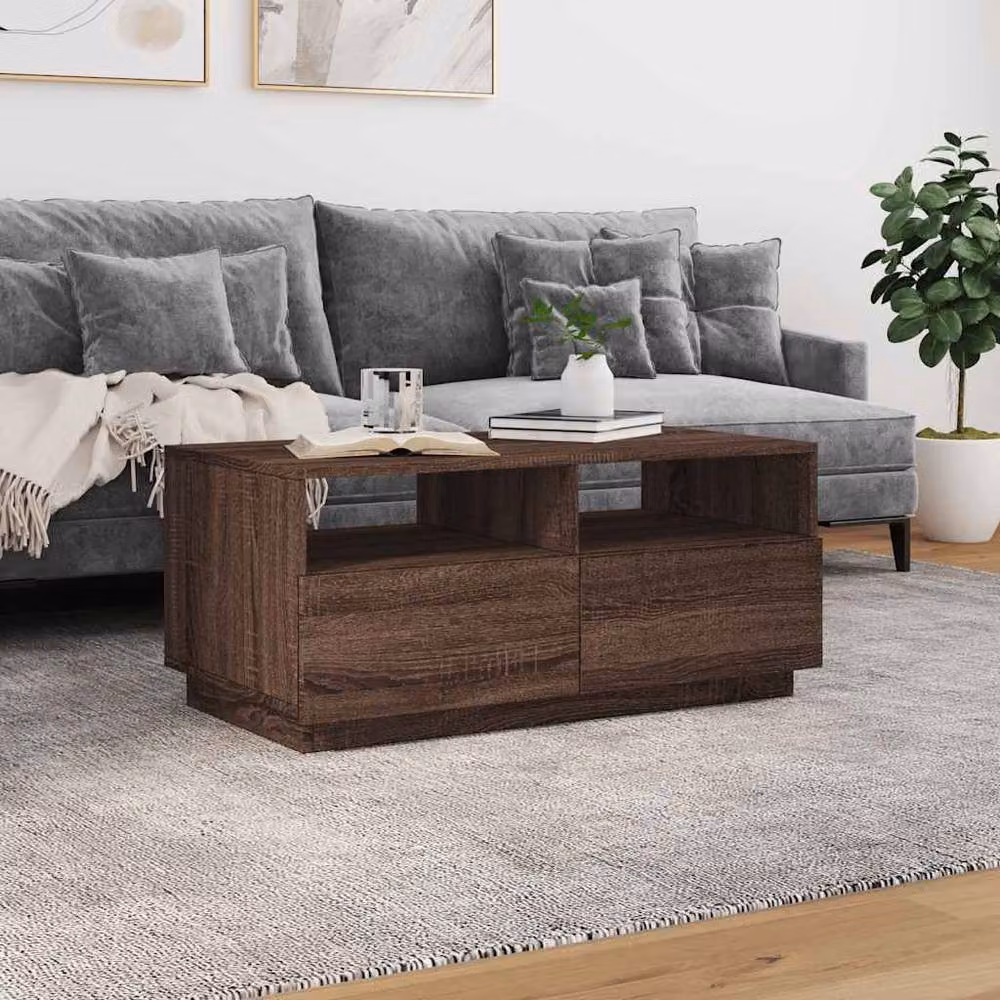 Berkfield Home Modern Coffee Table with LED Lights, Brown Oak, W: 90 cm, D: 49 cm, H: 40 cm – 4