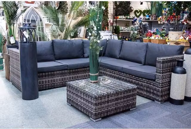 SHG Edgerton Grey Rattan 5 Seater Corner Sofa Set with Glass Table