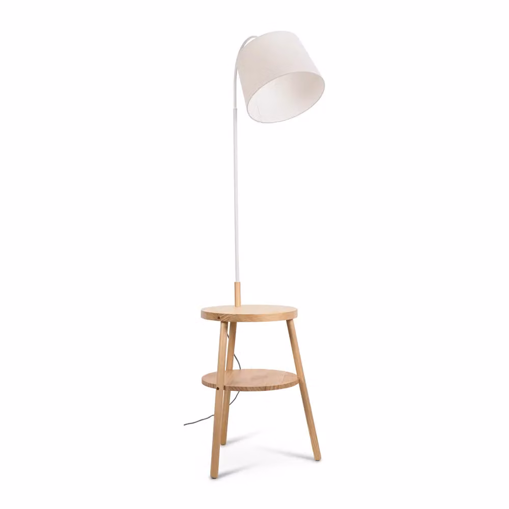 ValueLights Crowther Wooden Shelved Tripod Floor Lamp with White Fabric Shade in Natural – 2