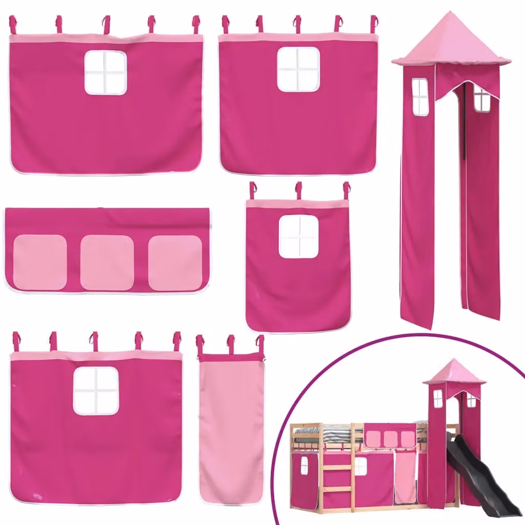 Berkfield Home Pink Solid Wood Childrens Bunk Bed with Slide and Curtains W: 80 cm, L: 200 cm – 3