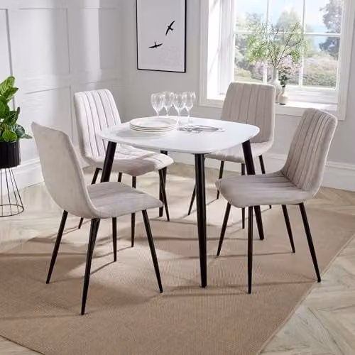 Core Products Aspen Casual Dining Set with Square White Wood Table and Four Upholstered Chairs in Natural and Black – 1