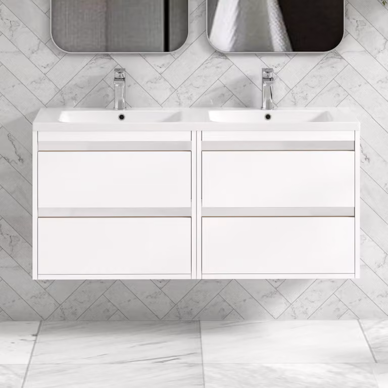 Royal Bathrooms Orion 1200 Matt White Wall Hung 4 Drawer Vanity Unit with Ceramic Basin and Chrome Accent Trim