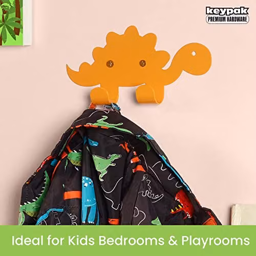 keypak Kids Dinosaur Double Coat Hooks, Orange Stegosaurus Metal Wall Mounted – 2