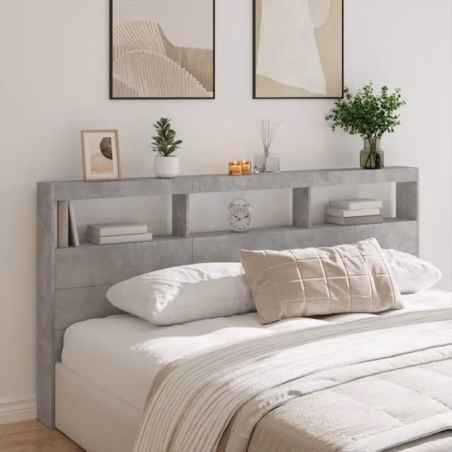Berkfield Home Modern Wall Mount Headboard Cabinet with LED Lighting and USB Charging Port in Matt Concrete Grey, W/D/H: 200 x 17 x 102 cm – 1