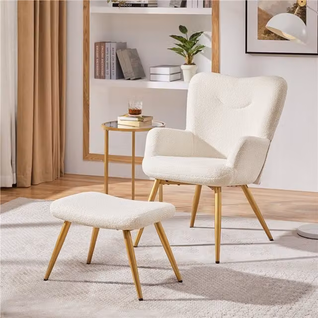 Yaheetech Modern White Bouclé Fabric Accent Chair and Matching Ottoman Set