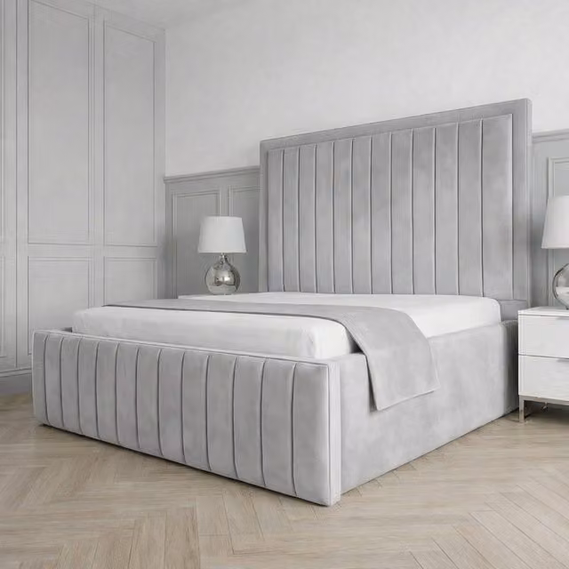 Living Comfort Bedz Sovereign Plush Velvet Upholstered Bed with Slatted Base and 48 Inch Headboard in Silver, Double Size