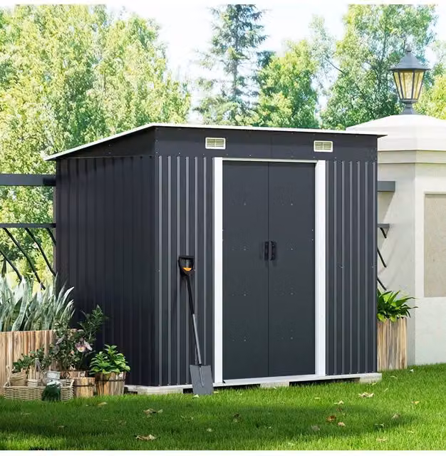 Living and Home Metal Pent Storage Tool Shed with Sliding Doors, Black, W: 121.92 cm, D: 121.92 cm, H: 243.84 cm