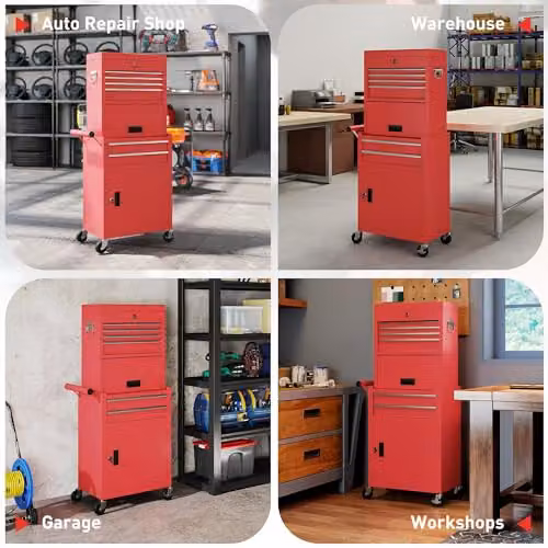 HOMCOM Lockable 3-in-1 Rolling Tool Chest with 6 Drawers in Red – 8