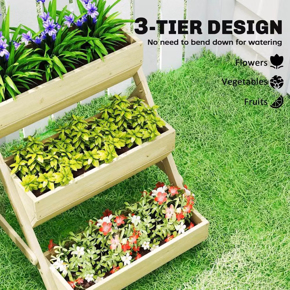 Kelvenix 3 Tier Wooden Raised Garden Bed in Brown, Sand or Beige, W/D/H: 76 x 65 x 23 cm – 3