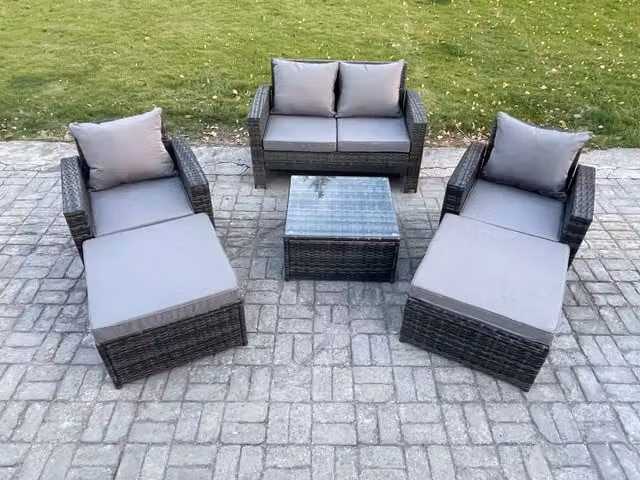 Fimous 6 Seater Rattan Outdoor Garden Furniture Set with Table, Chairs and 2 Large Footstools in Dark Grey Mixed