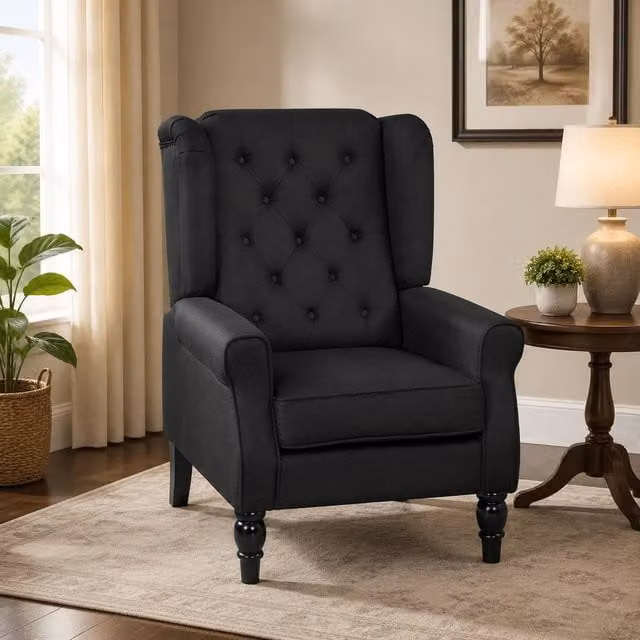STILVORA Black Fabric Wingback Armchair with Solid Wood Frame, H: 86 cm, W: 102 cm, D: 74 cm – 1