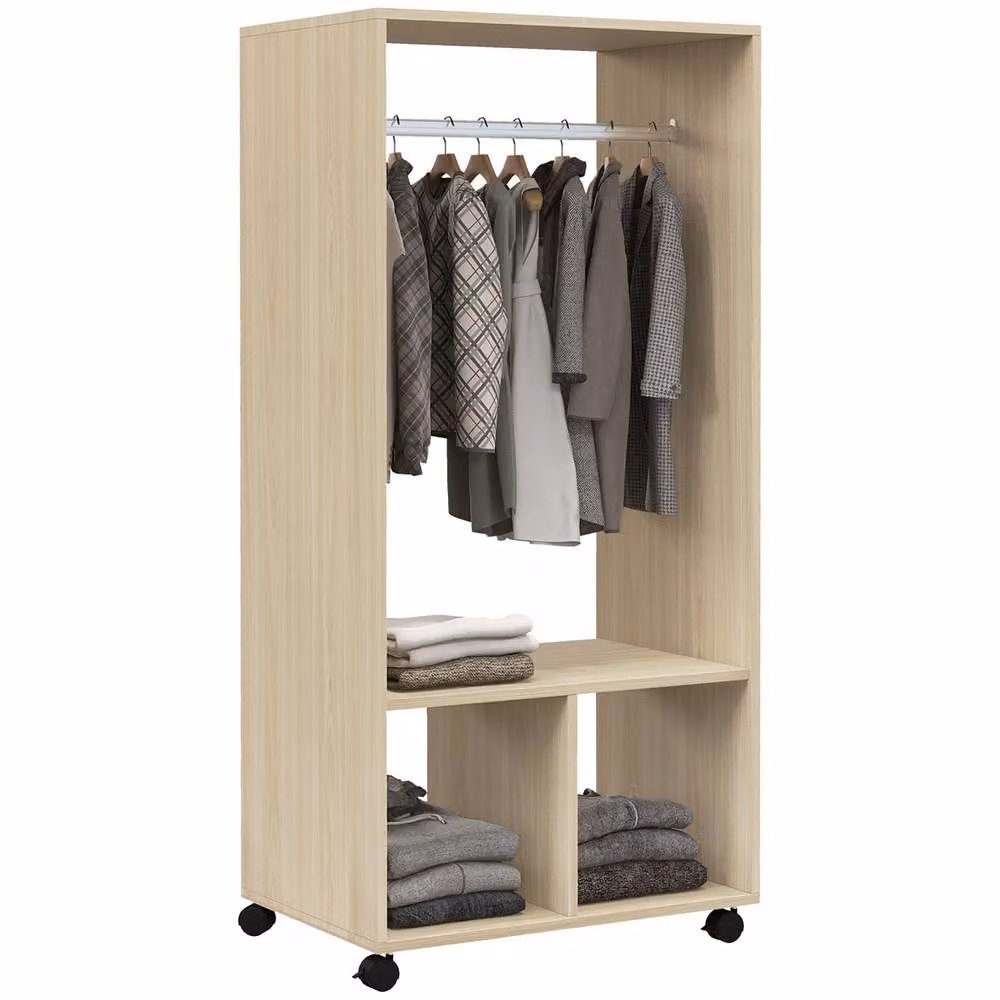HOMCOM Mobile Open Wardrobe with Clothes Rail and Storage Shelves, Natural/Beige, W: 60.0 cm, D: 40.0 cm, H: 128.0 cm – 2