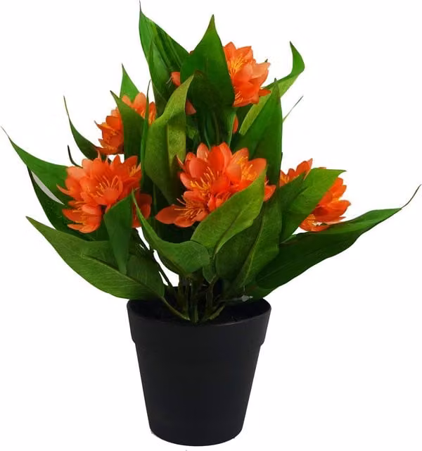 Artificial Orange Freesia Potted Plant with Leaves for Tabletop Display